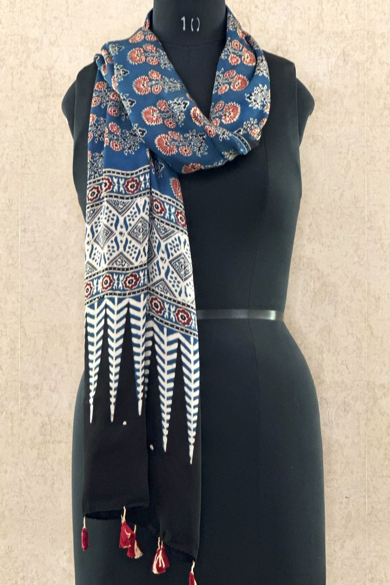 Blue Floral Modal Silk Ajrakh Stole