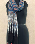 Blue Floral Modal Silk Ajrakh Stole