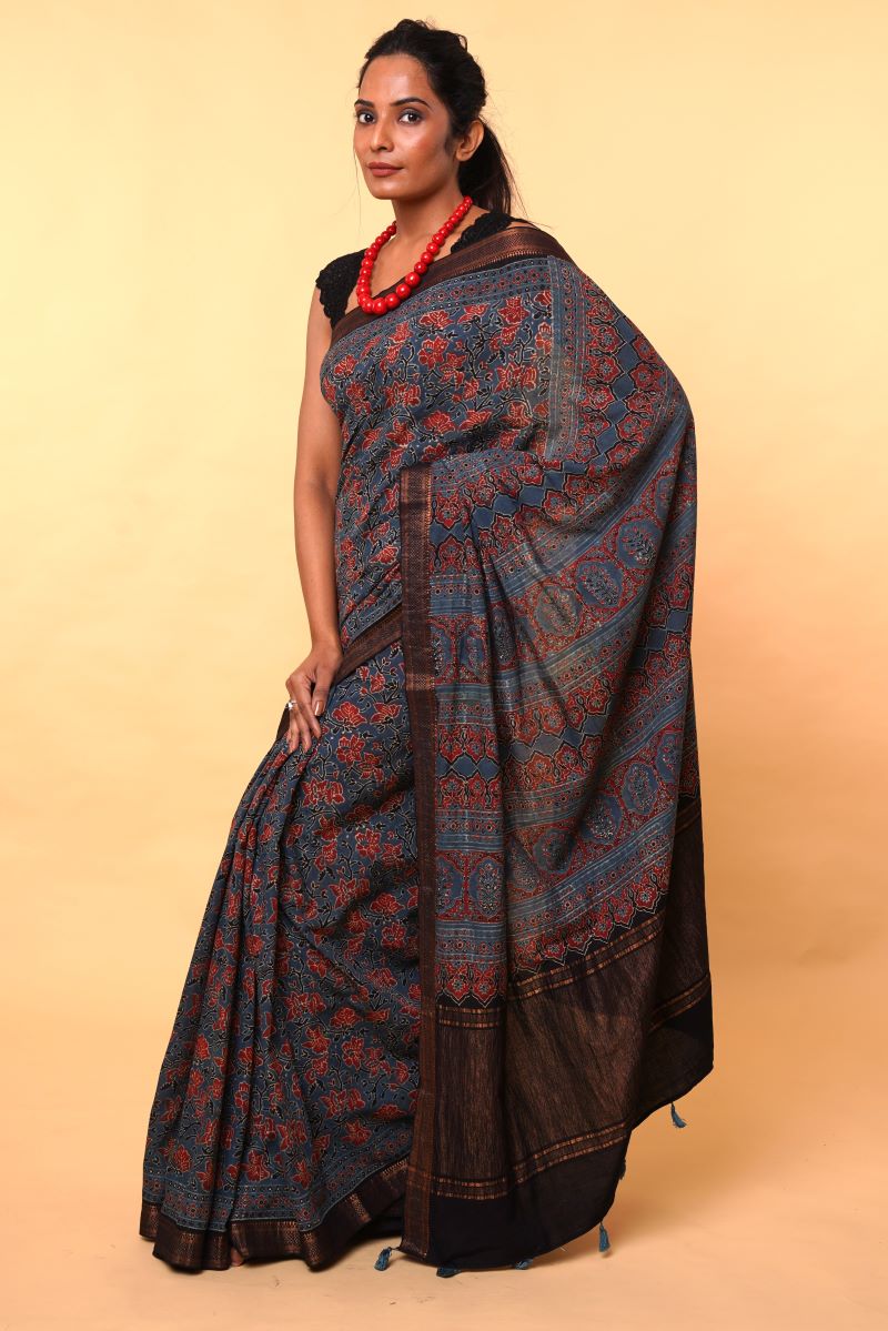 Indigo Floral Mangalgiri Cotton Ajrakh Saree