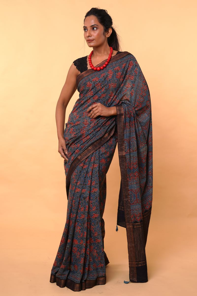 Indigo Floral Mangalgiri Cotton Ajrakh Saree