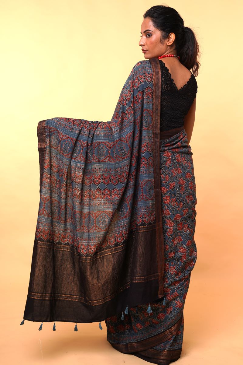 Indigo Floral Mangalgiri Cotton Ajrakh Saree