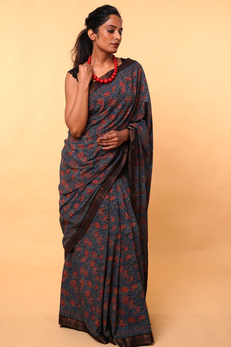 Indigo Floral Mangalgiri Cotton Ajrakh Saree