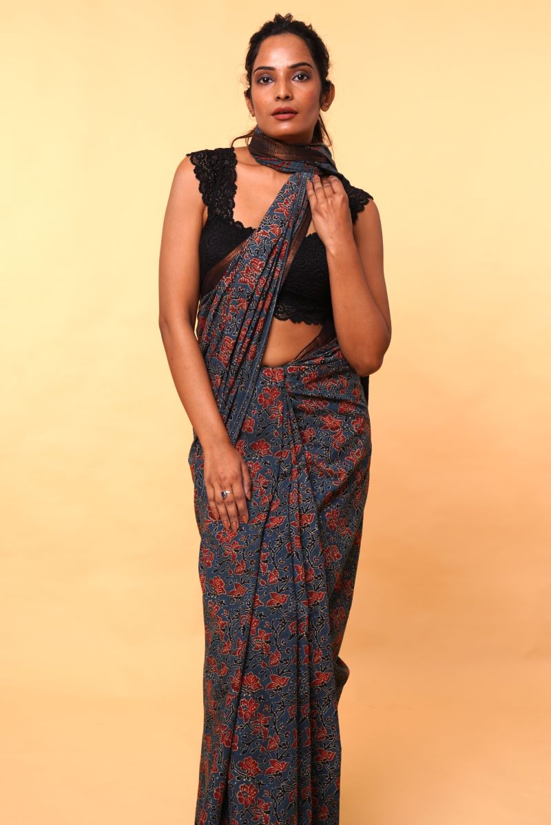 Indigo Floral Mangalgiri Cotton Ajrakh Saree