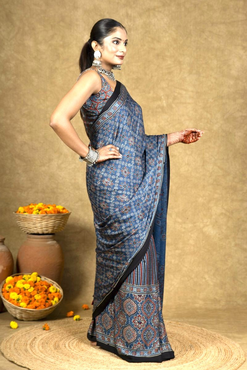 Blue Starry Stria Ajrakh Modal Silk Saree