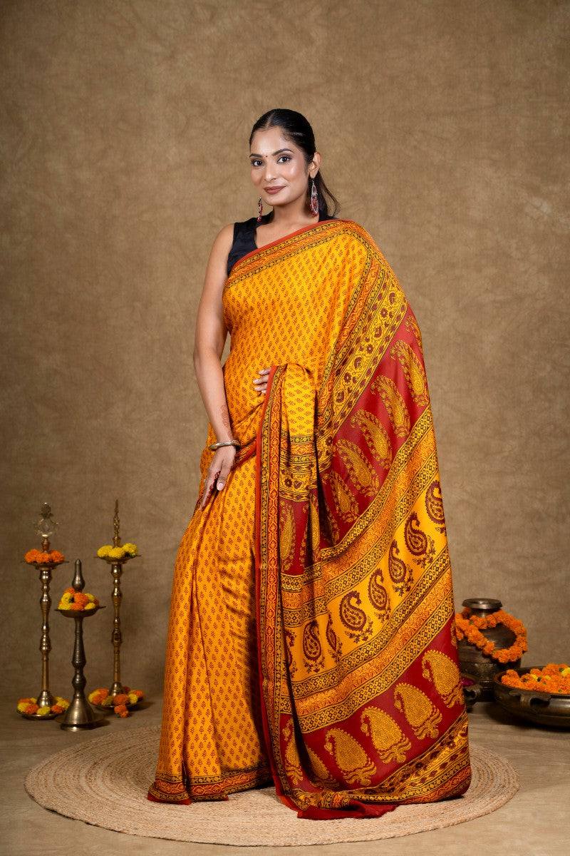 Yellow Buti Bagh Hand Block Printed Modal Silk Saree