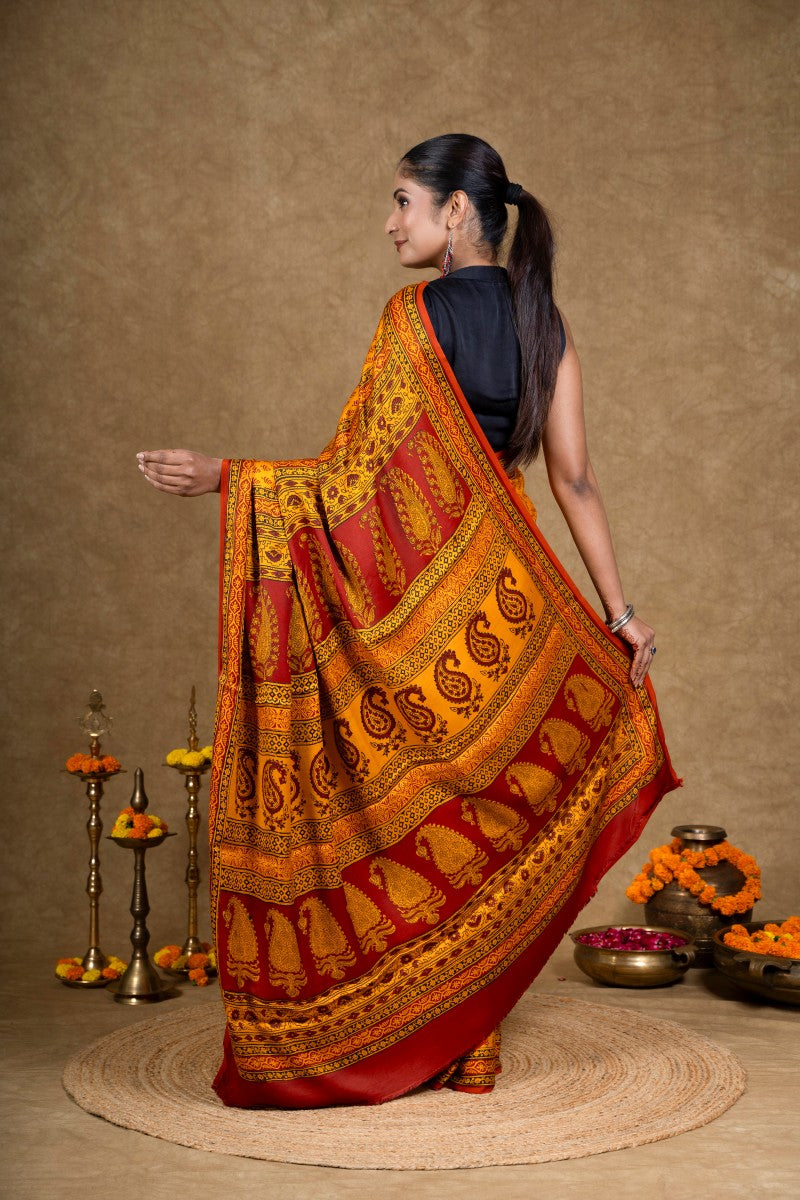 Yellow Buti Bagh Hand Block Printed Modal Silk Saree