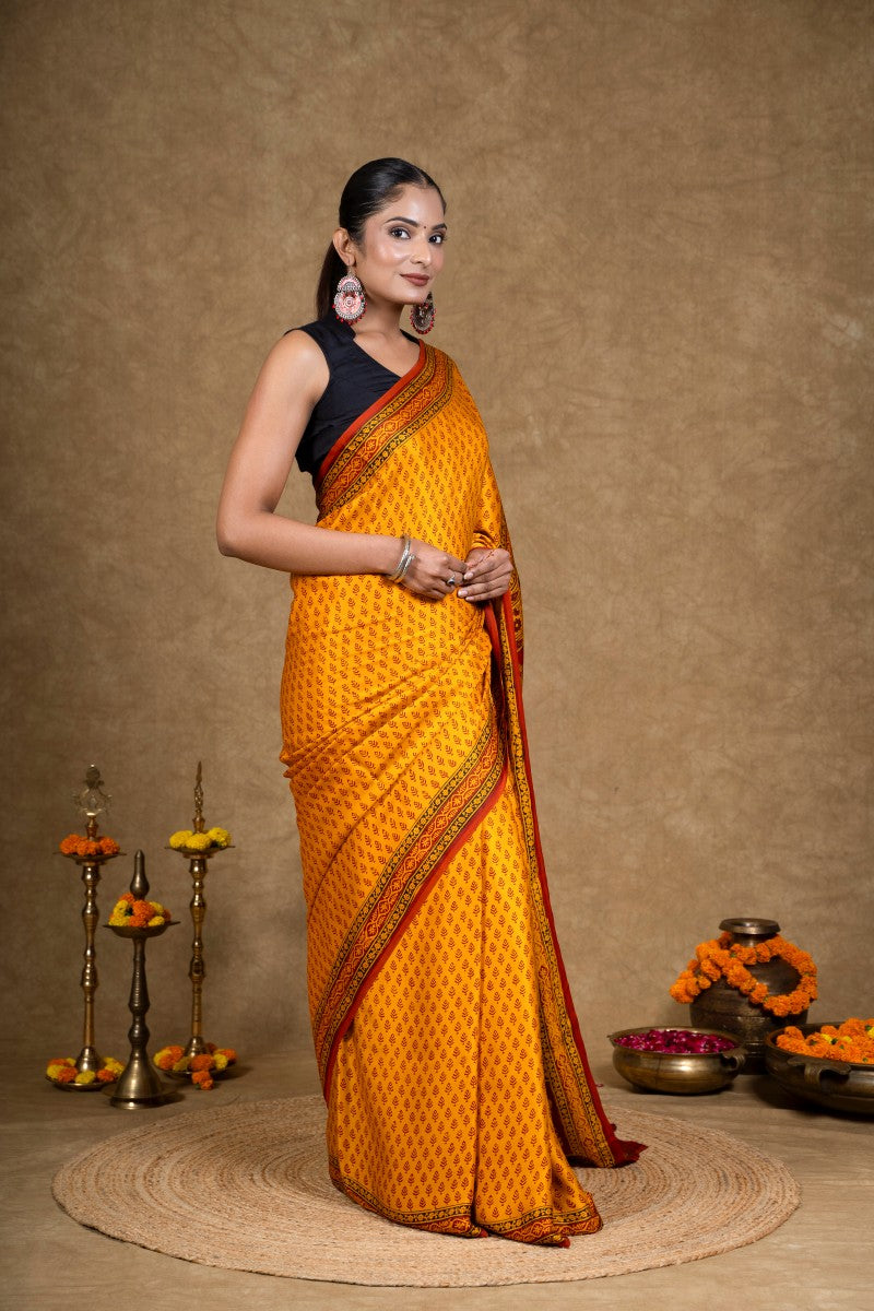Yellow Buti Bagh Hand Block Printed Modal Silk Saree