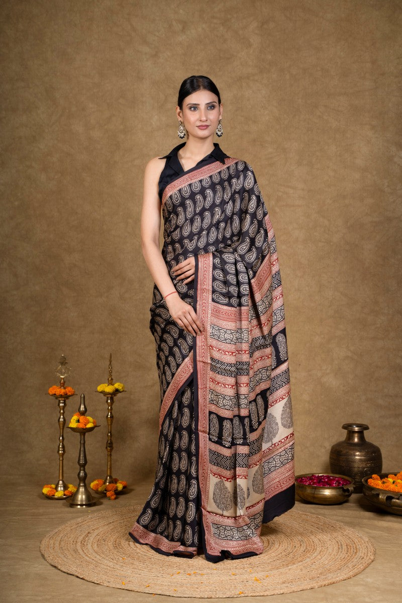 Black Paisley Bagh Hand Block Printed Modal Silk Saree