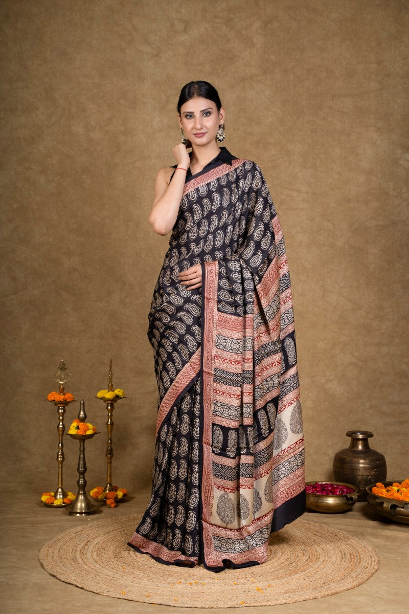 Black Paisley Bagh Hand Block Printed Modal Silk Saree