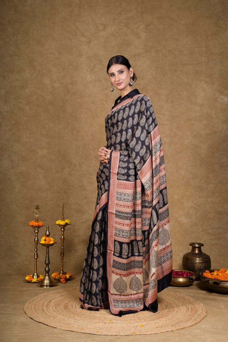 Black Paisley Bagh Hand Block Printed Modal Silk Saree