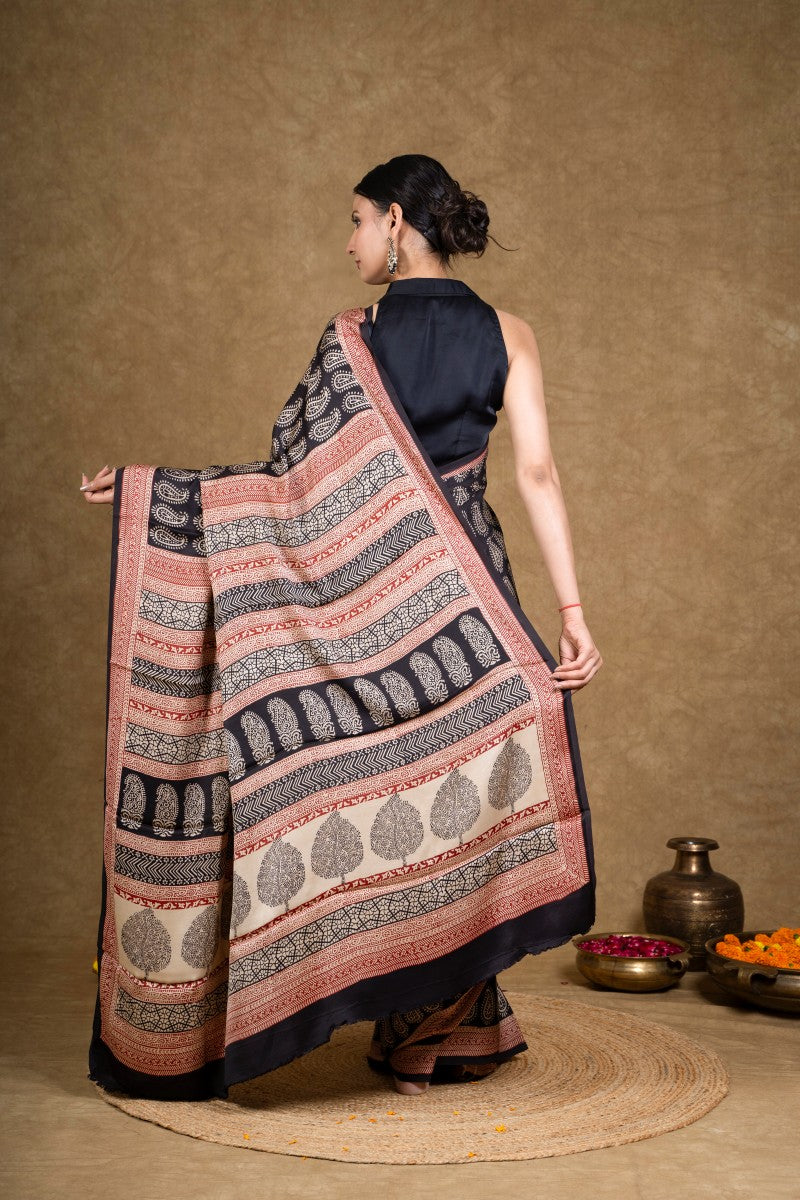 Black Paisley Bagh Hand Block Printed Modal Silk Saree