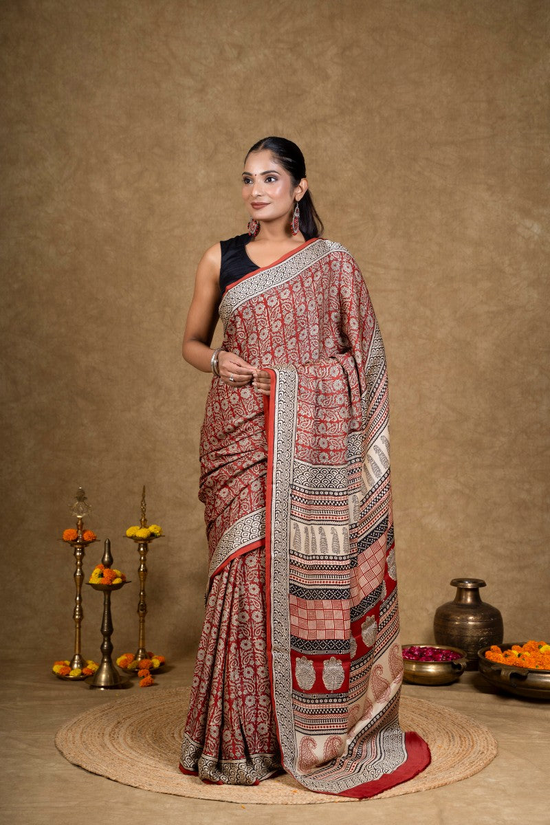 Red Flora Leaf Bagh Hand Block Printed Modal Silk Saree
