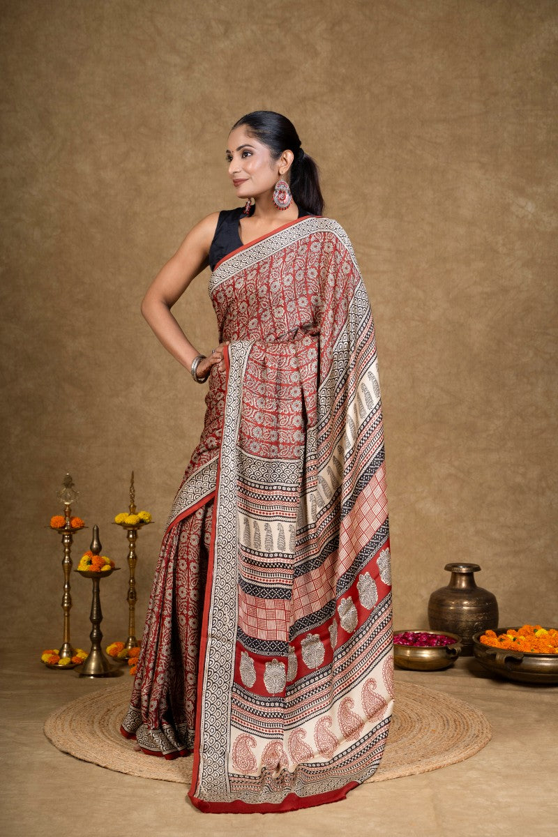 Red Flora Leaf Bagh Hand Block Printed Modal Silk Saree