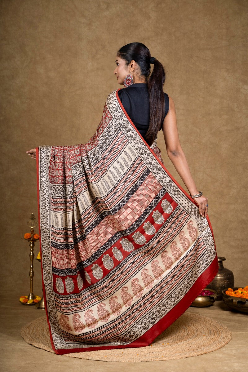 Red Flora Leaf Bagh Hand Block Printed Modal Silk Saree