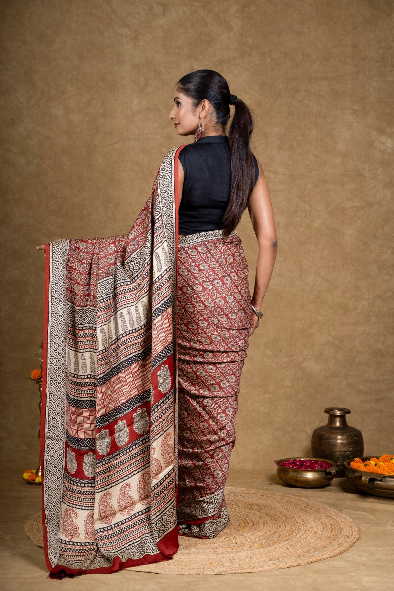 Red Flora Leaf Bagh Hand Block Printed Modal Silk Saree