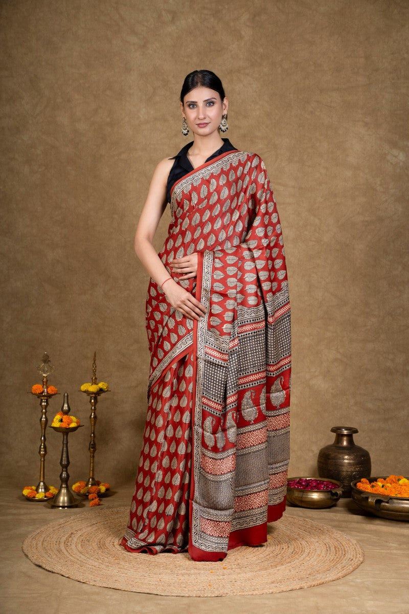 Red Leaf Bagh Hand Block Printed Modal Silk Saree