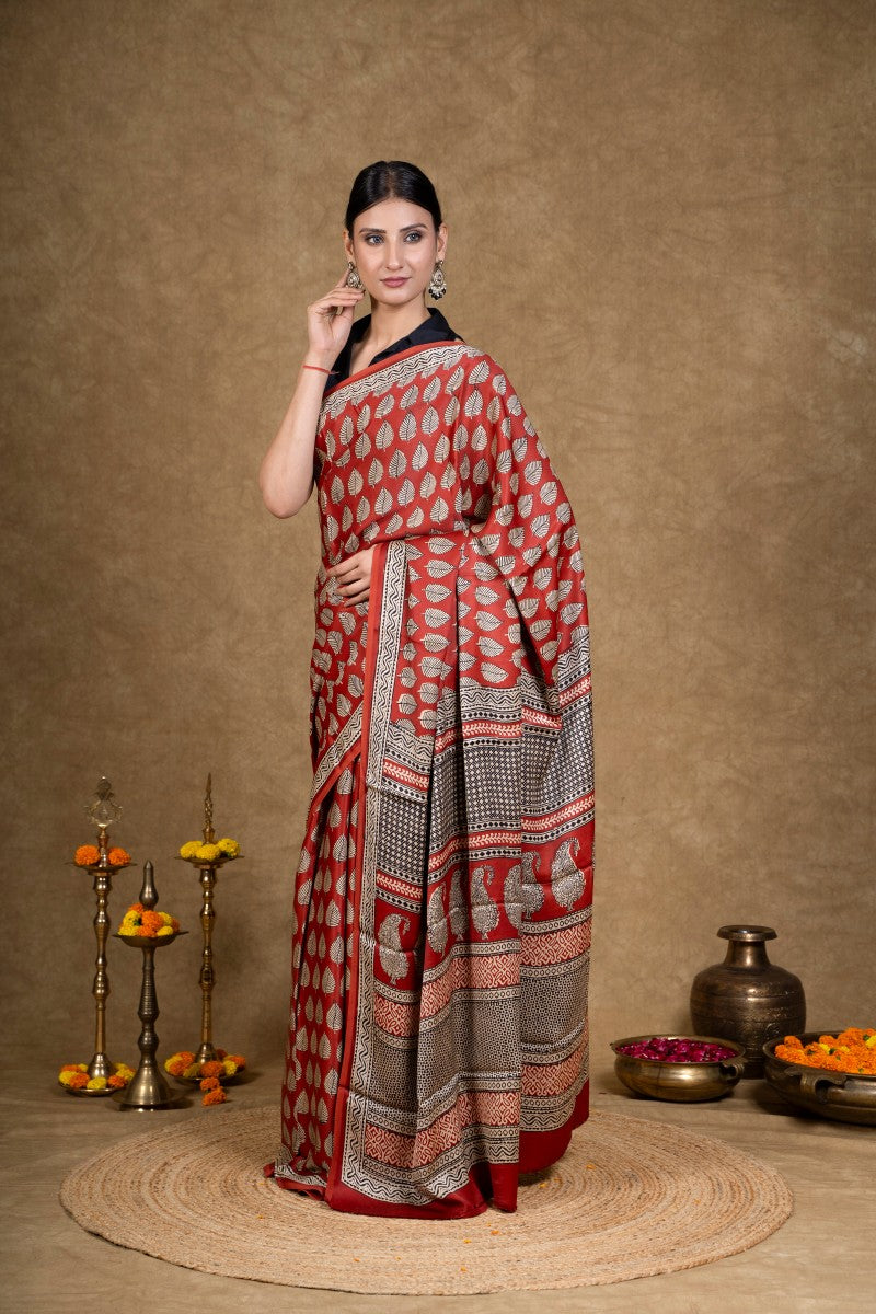 Red Leaf Bagh Hand Block Printed Modal Silk Saree