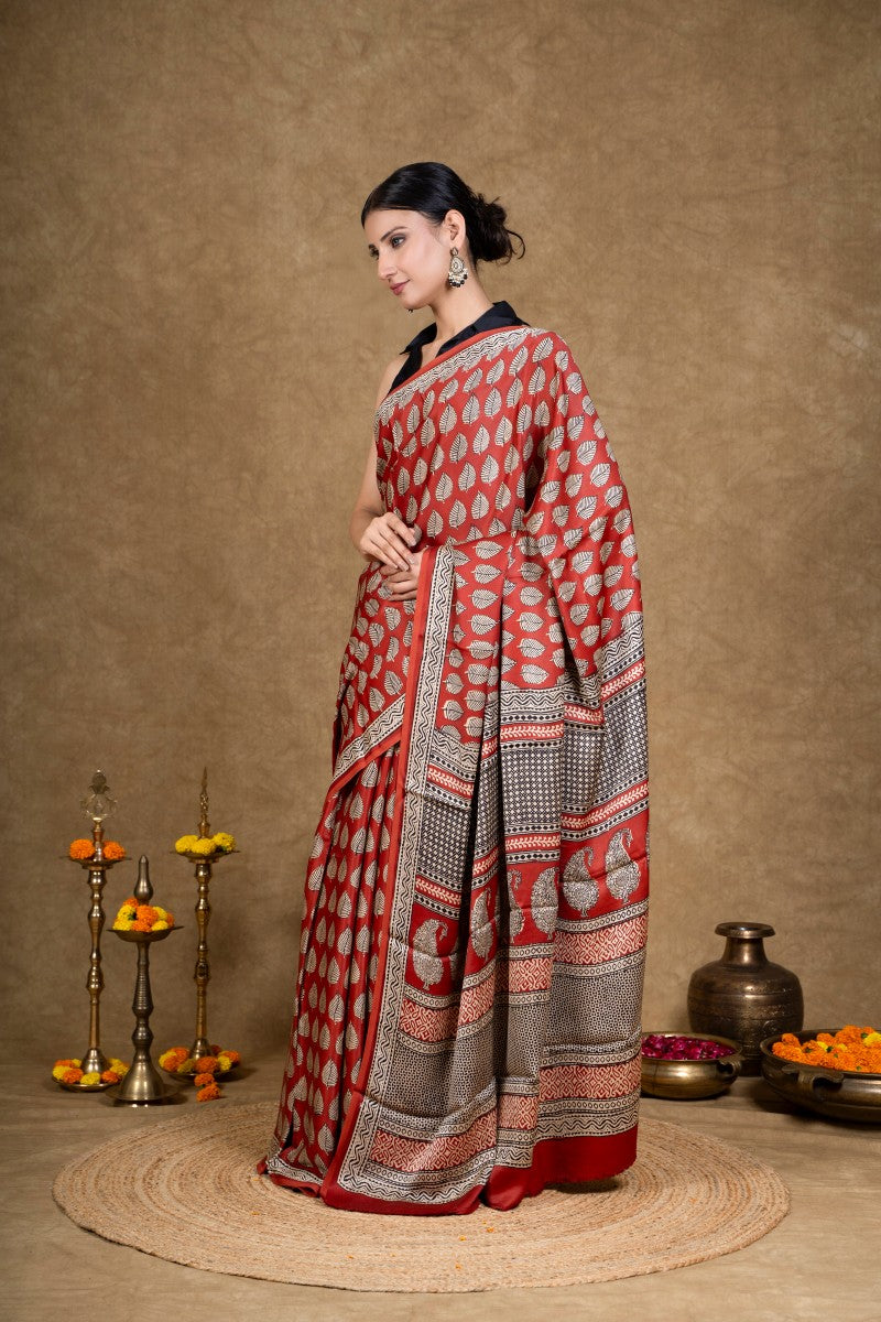 Red Leaf Bagh Hand Block Printed Modal Silk Saree