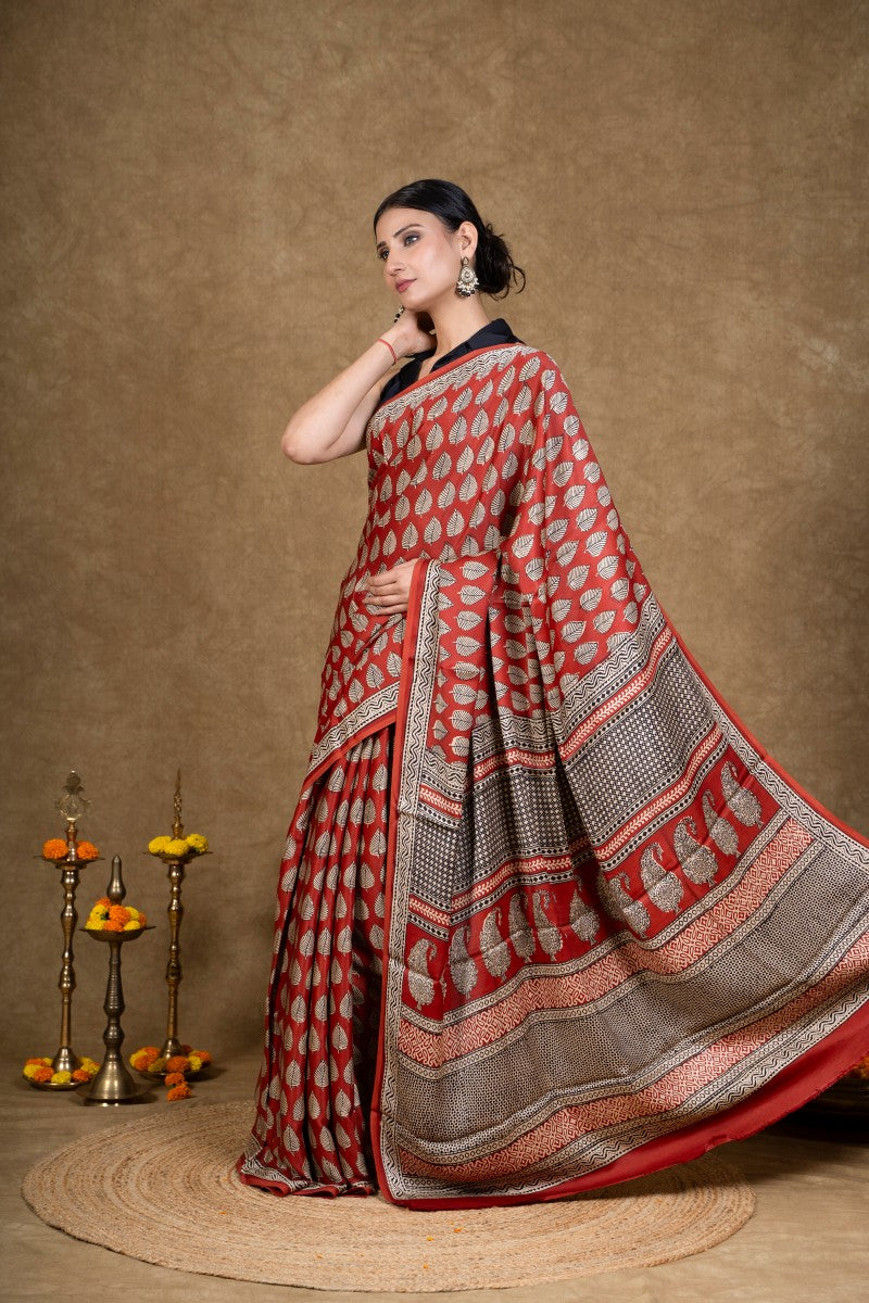 Red Leaf Bagh Hand Block Printed Modal Silk Saree