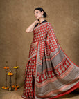 Red Leaf Bagh Hand Block Printed Modal Silk Saree