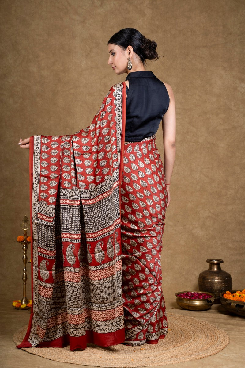 Red Leaf Bagh Hand Block Printed Modal Silk Saree