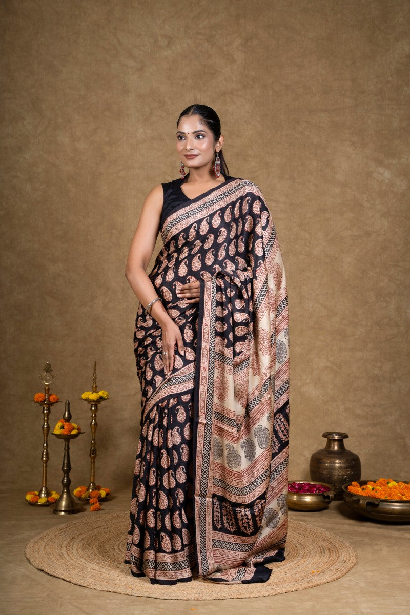 Black Red Paisley Bagh Hand Block Printed Modal Silk Saree