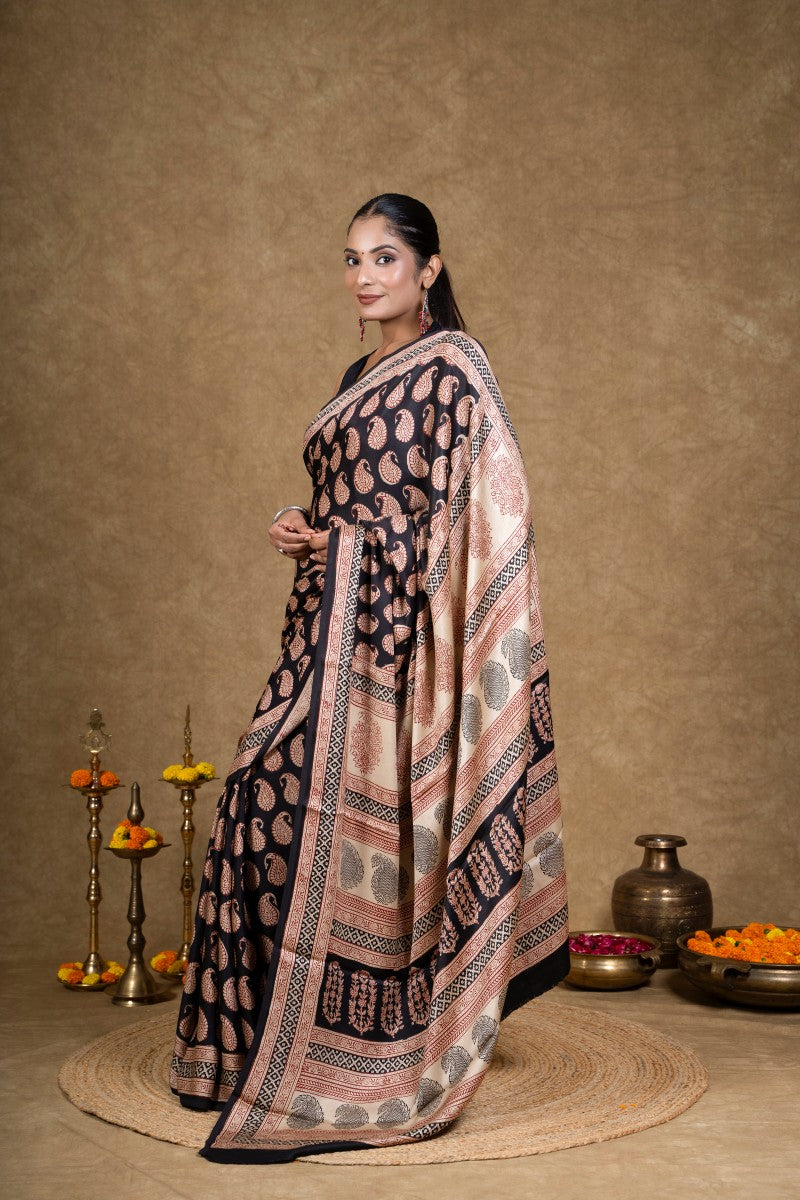 Black Red Paisley Bagh Hand Block Printed Modal Silk Saree