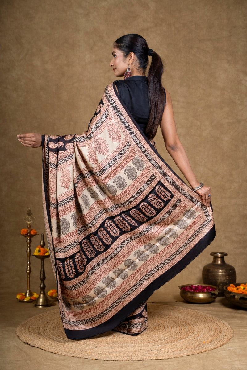 Black Red Paisley Bagh Hand Block Printed Modal Silk Saree