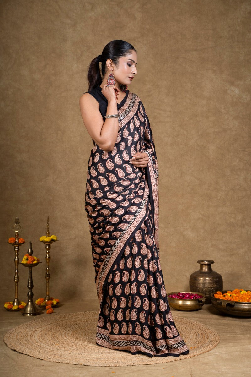 Black Red Paisley Bagh Hand Block Printed Modal Silk Saree