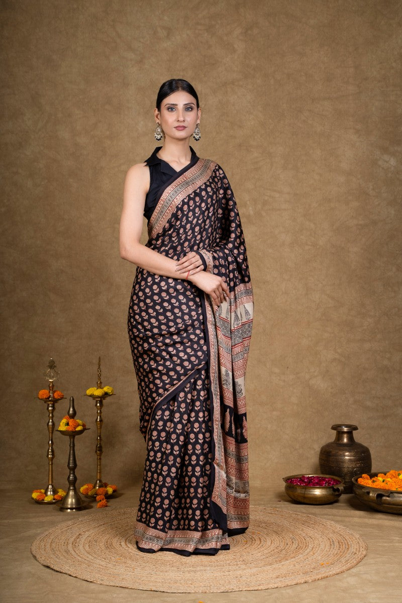 Black Flora Bagh Hand Block Printed Modal Silk Saree
