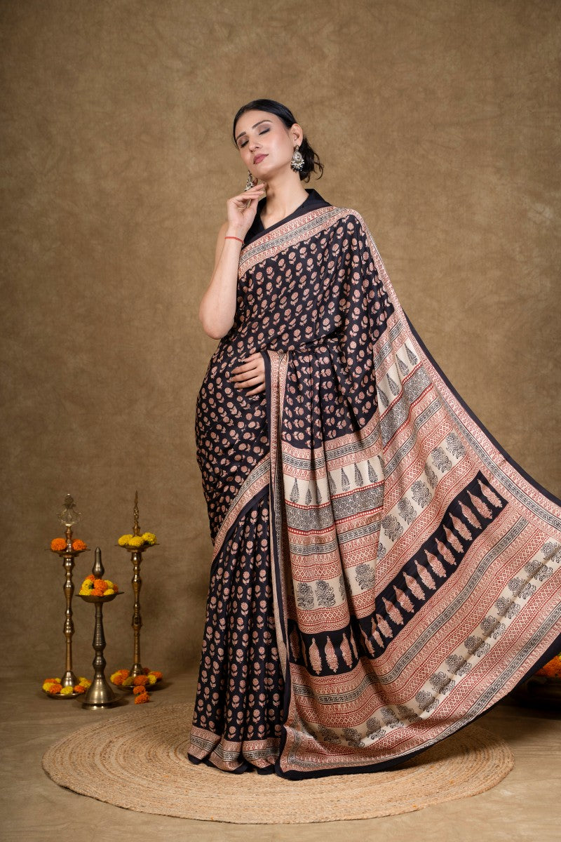 Black Flora Bagh Hand Block Printed Modal Silk Saree