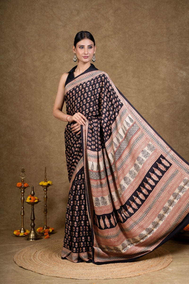 Black Flora Bagh Hand Block Printed Modal Silk Saree