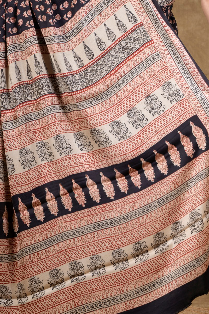 Black Flora Bagh Hand Block Printed Modal Silk Saree