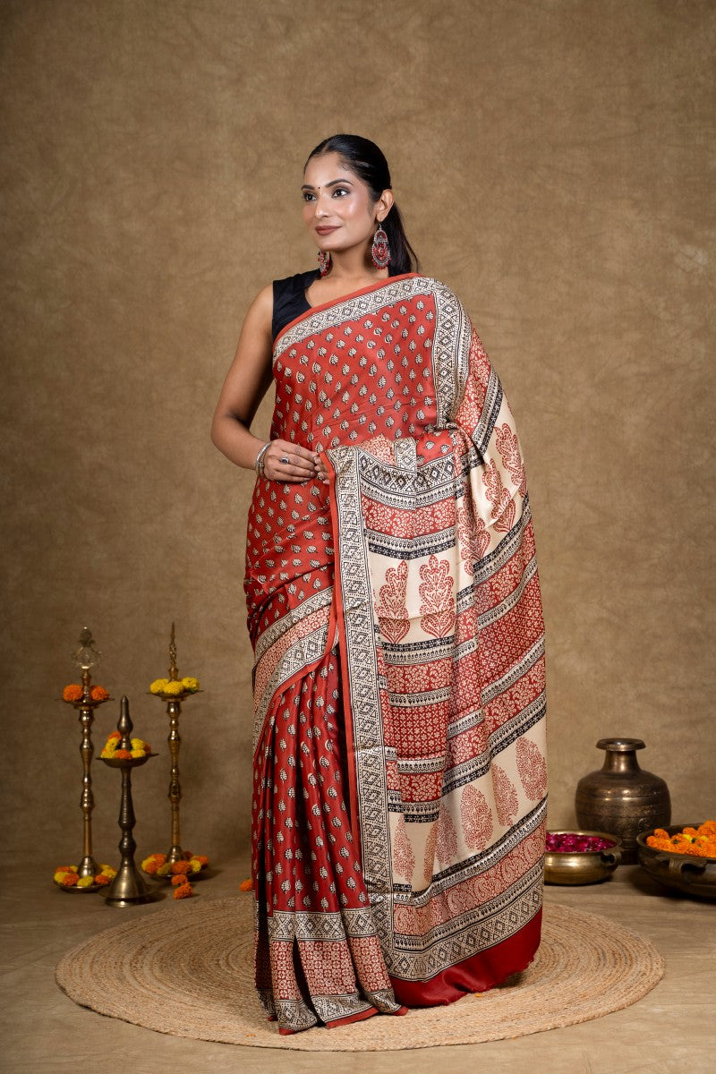 Red Diamond Leaf Bagh Hand Block Printed Modal Silk Saree