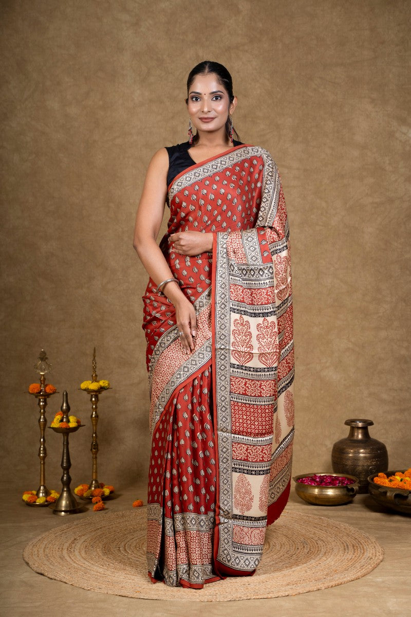 Red Diamond Leaf Bagh Hand Block Printed Modal Silk Saree