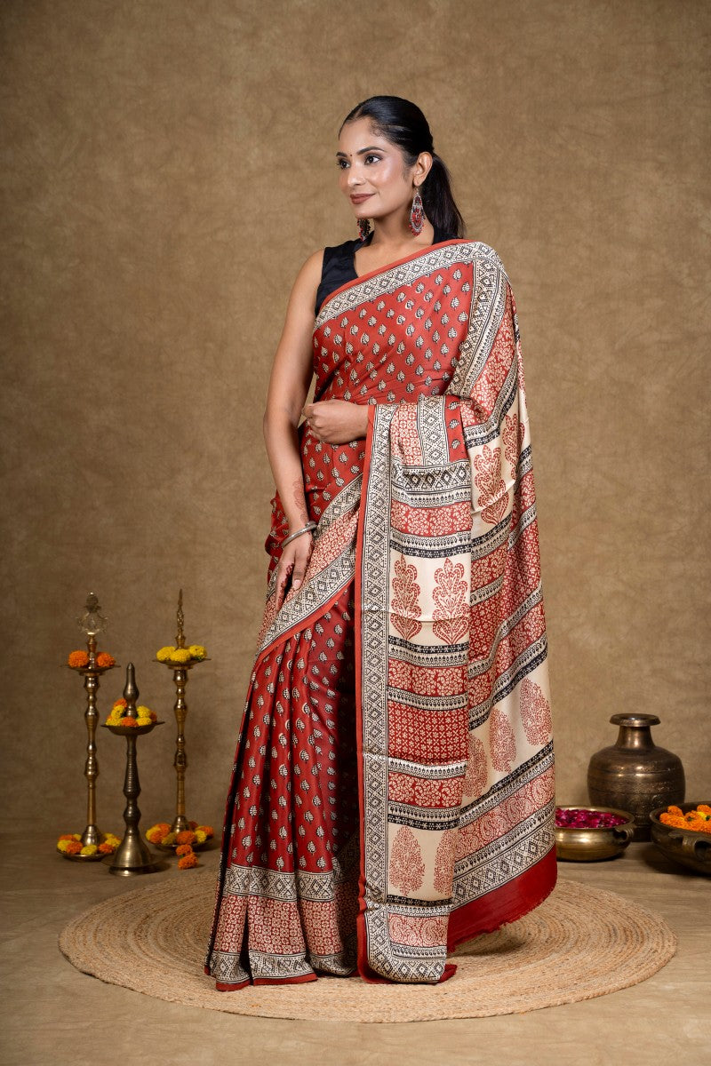 Red Diamond Leaf Bagh Hand Block Printed Modal Silk Saree