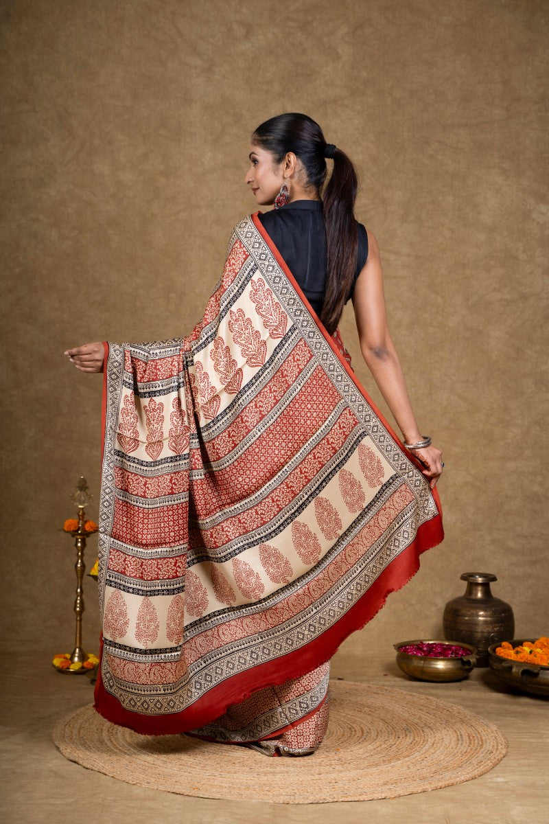 Red Diamond Leaf Bagh Hand Block Printed Modal Silk Saree