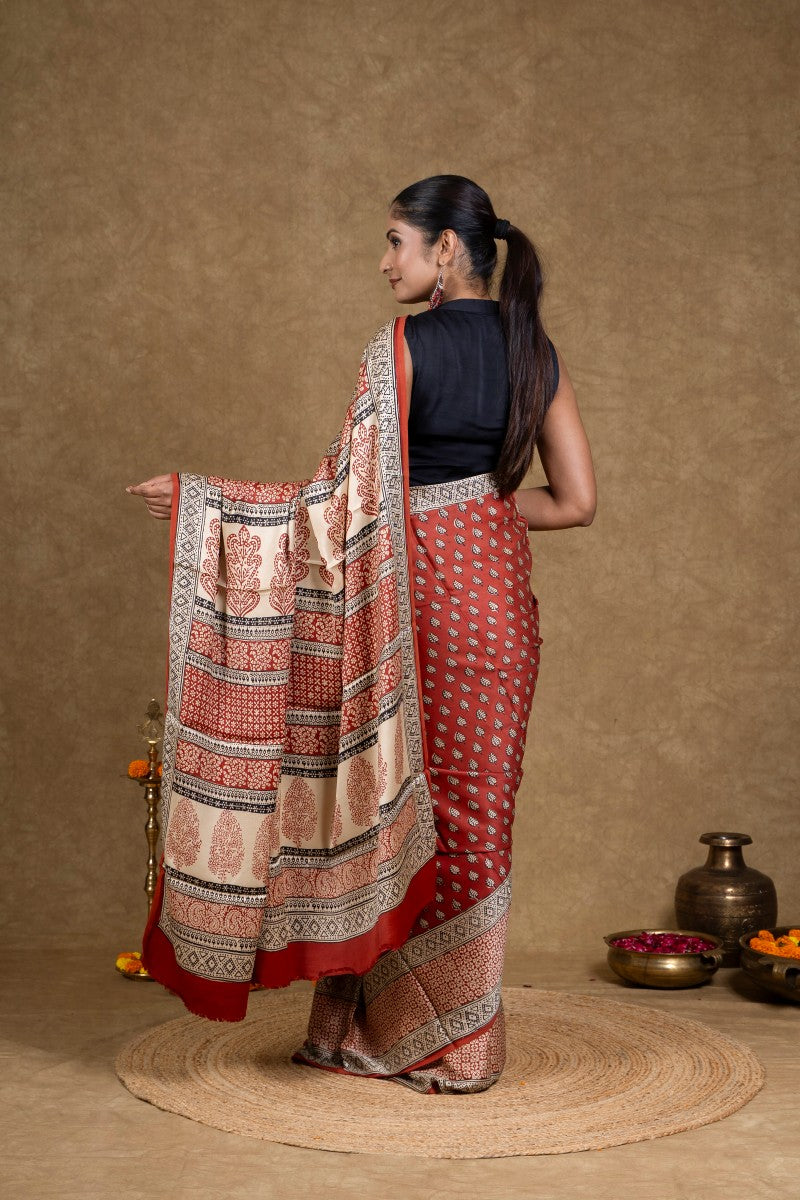 Red Diamond Leaf Bagh Hand Block Printed Modal Silk Saree
