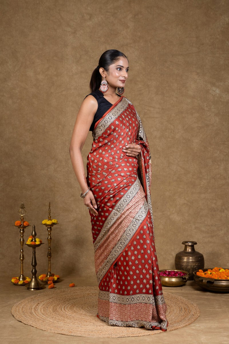 Red Diamond Leaf Bagh Hand Block Printed Modal Silk Saree