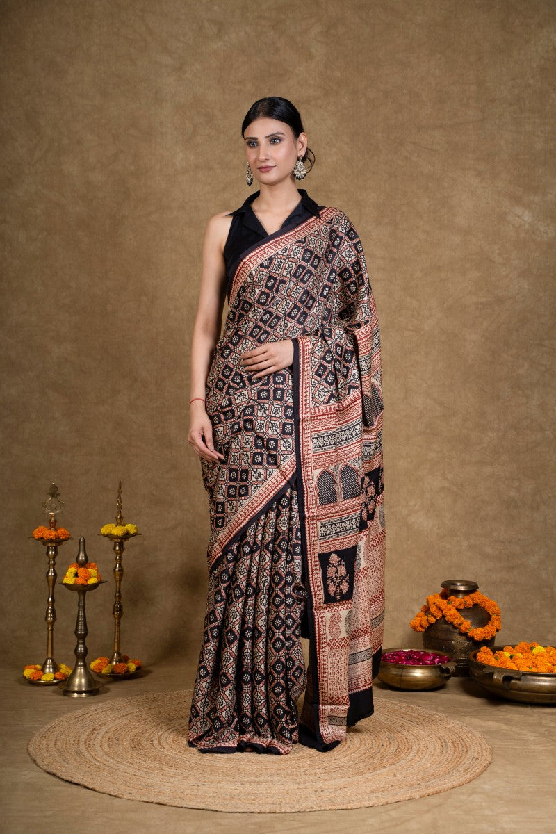Black &amp; Rust Bagh Hand Block Printed Modal Silk Saree