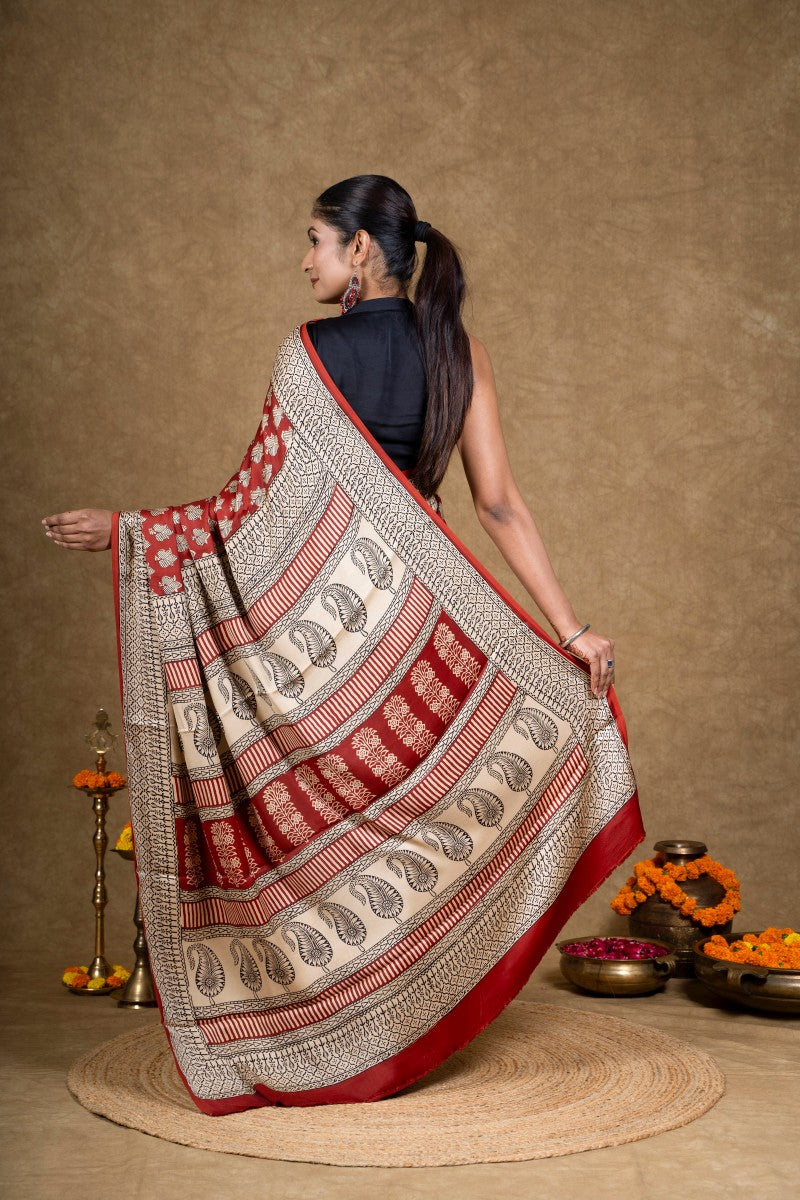 Red Flora Bagh Hand Block Printed Modal Silk Saree
