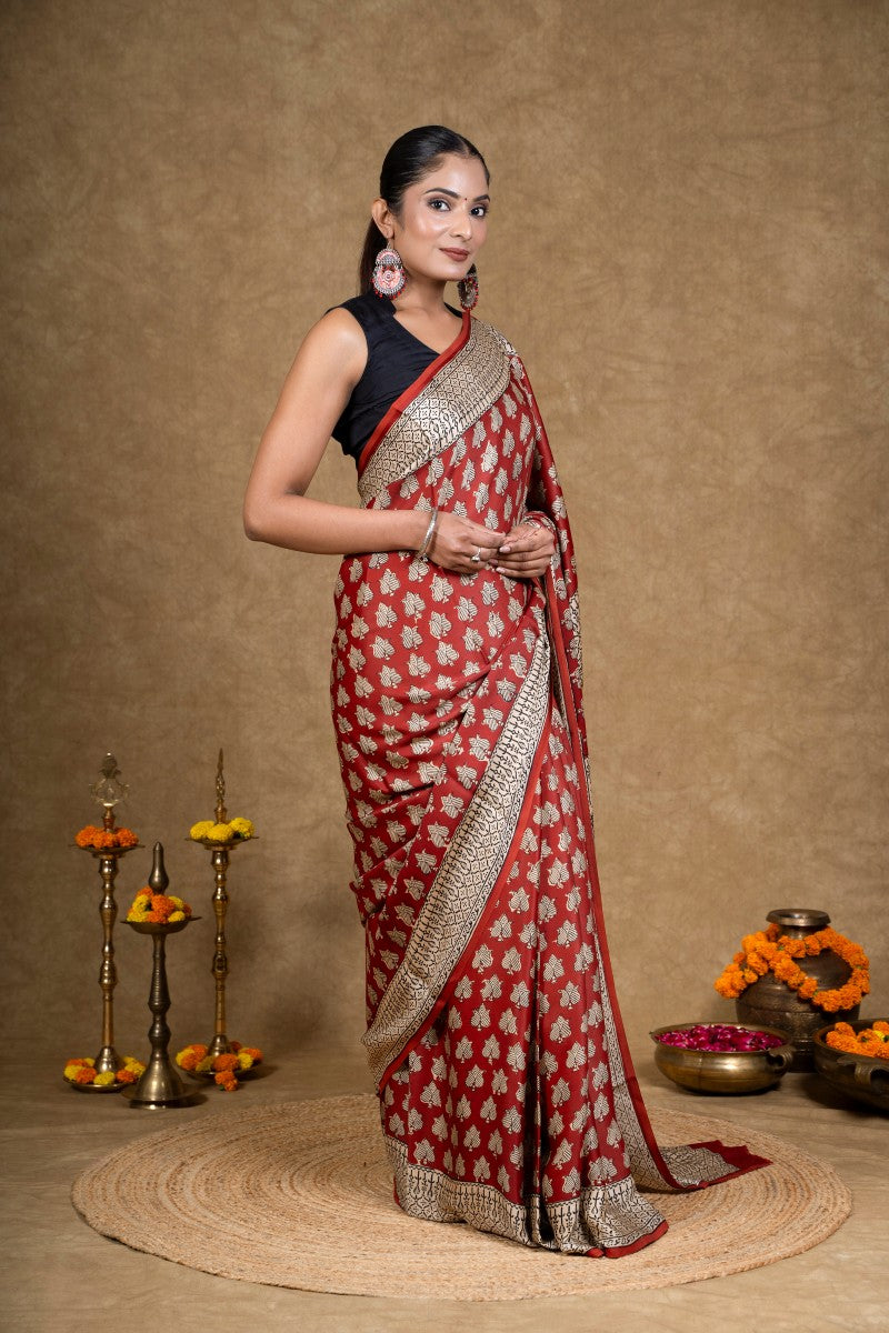 Red Flora Bagh Hand Block Printed Modal Silk Saree