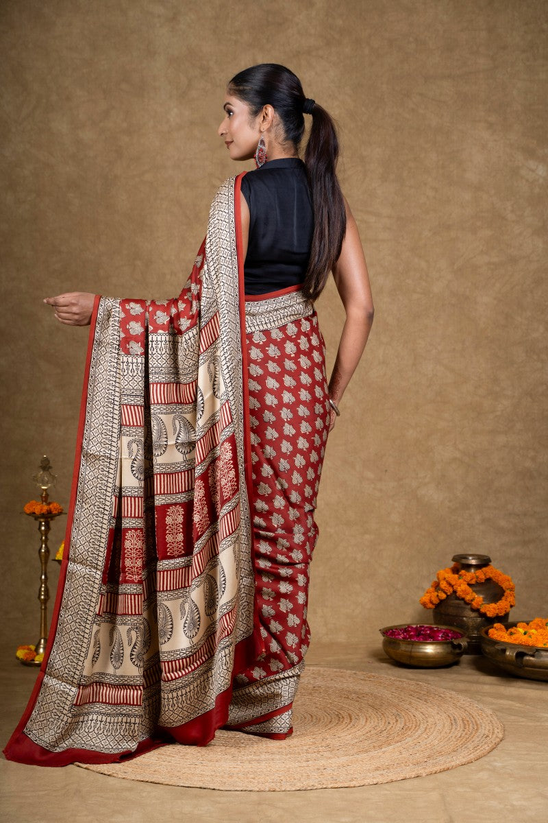 Red Flora Bagh Hand Block Printed Modal Silk Saree