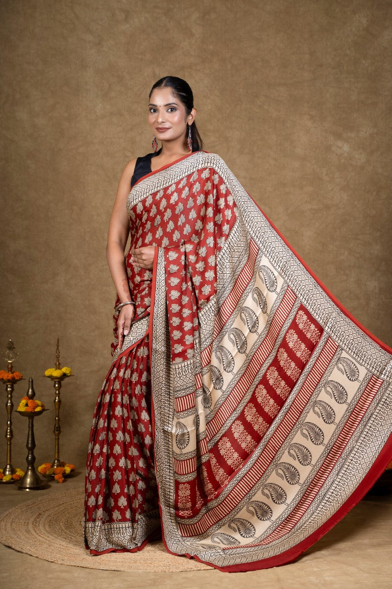 Red Flora Bagh Hand Block Printed Modal Silk Saree