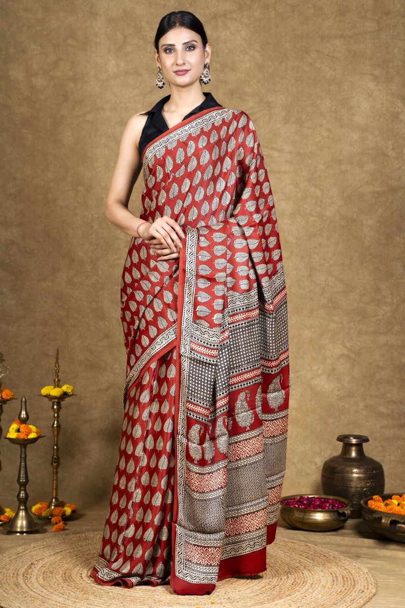 Red Leaf Bagh Hand Block Printed Modal Silk Saree