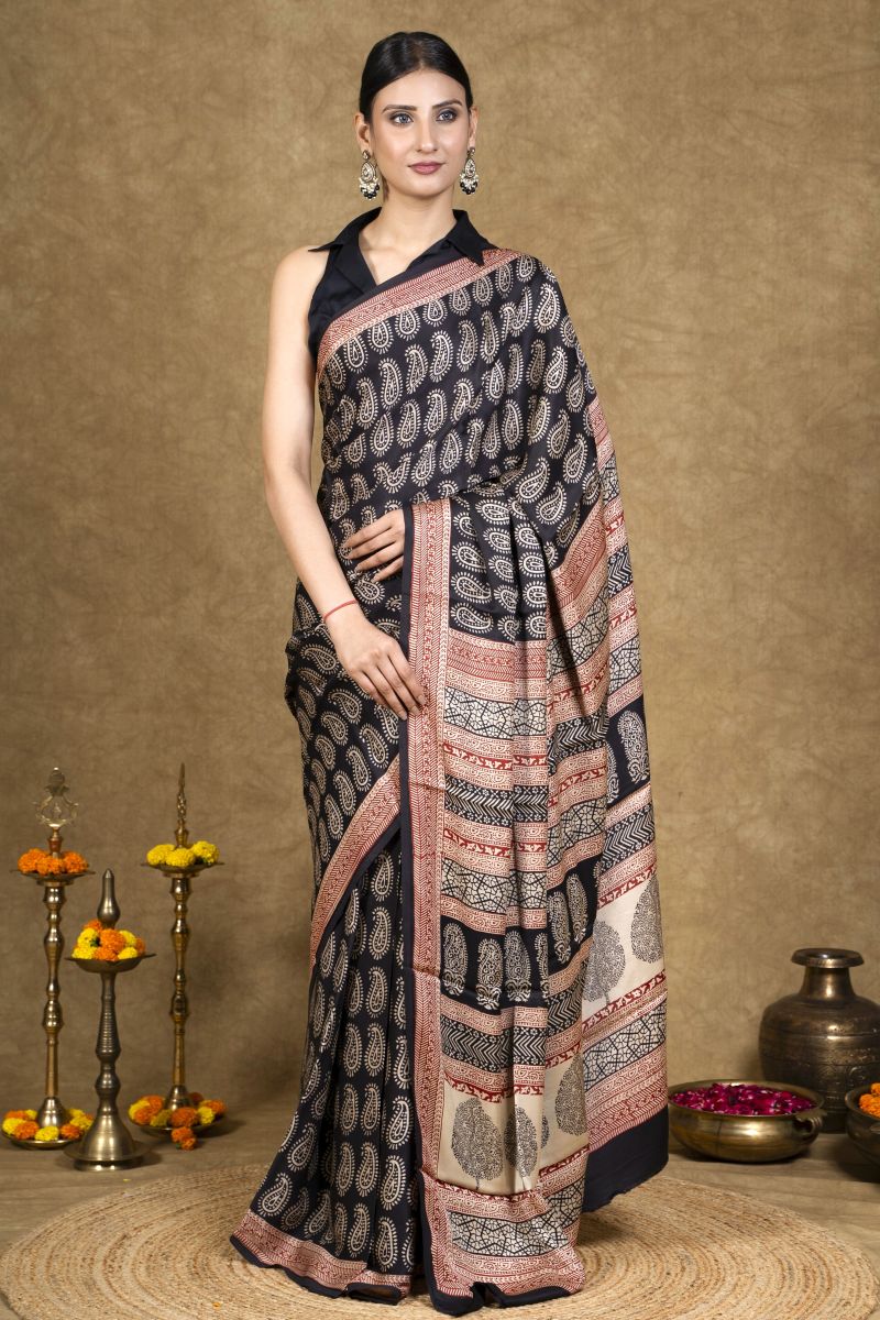 Black Paisley Bagh Hand Block Printed Modal Silk Saree