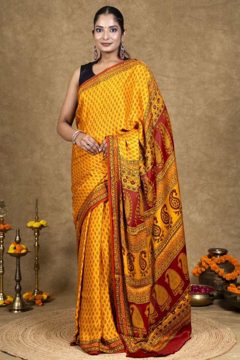 Yellow Hand Block Printed Modal Silk Bagh Saree