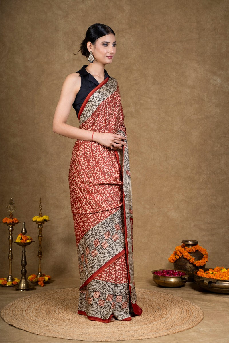 Red Buti Bagh Hand Block Printed Modal Silk Saree