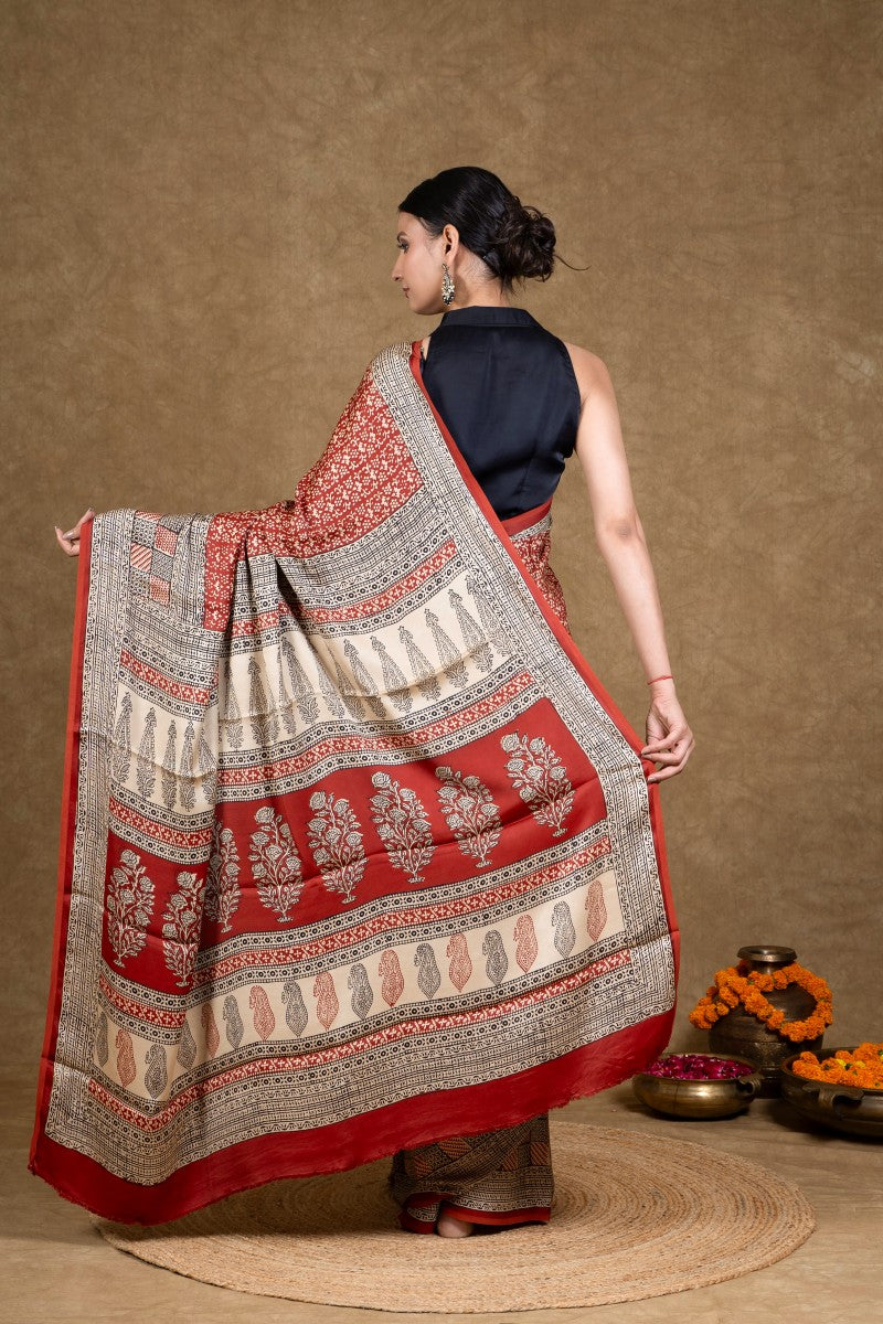 Red Buti Bagh Hand Block Printed Modal Silk Saree