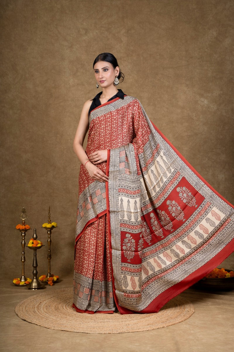 Red Buti Bagh Hand Block Printed Modal Silk Saree